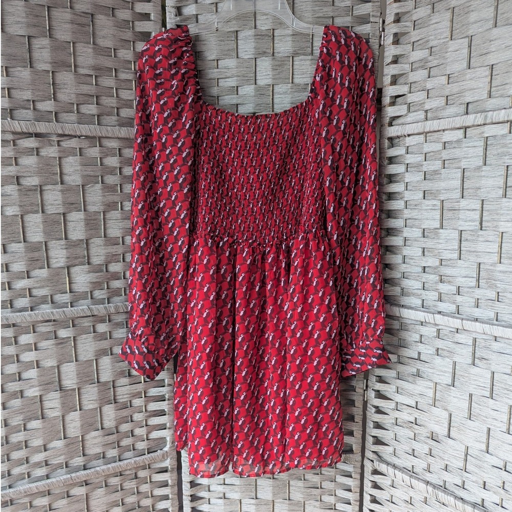 Avec Les Filles Long Sleeve Mini Dress Red Bird Print Smocked Square Neck Sz XL